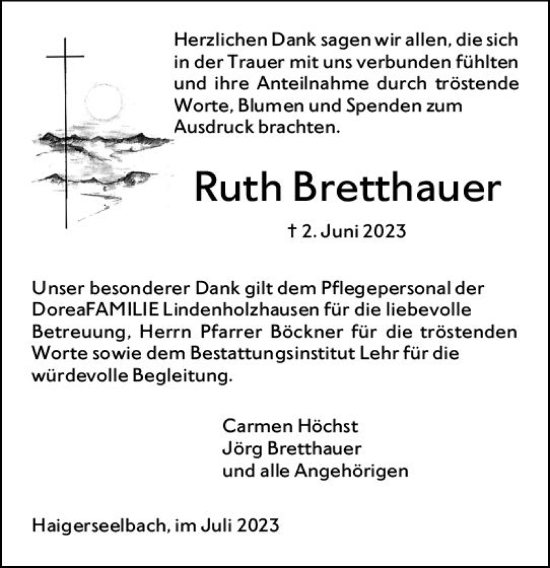 Traueranzeige von Ruth Bretthauer von Dill Block