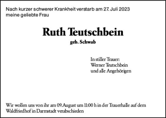 Traueranzeige von Ruth Teutschbein von Darmstädter Echo