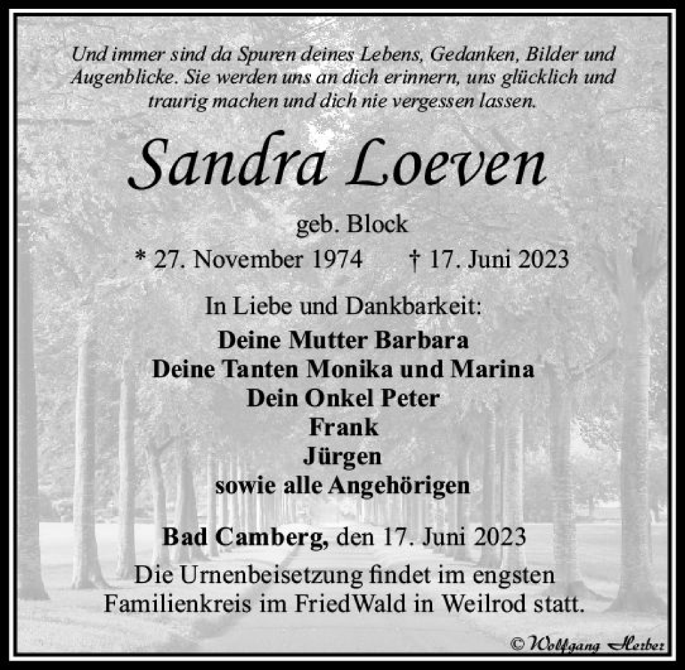  Traueranzeige für Sandra Loeven vom 06.07.2023 aus Camberger Anzeiger