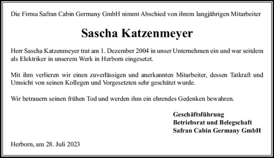 Traueranzeige von Sascha Katzenmeyer von Dill Block