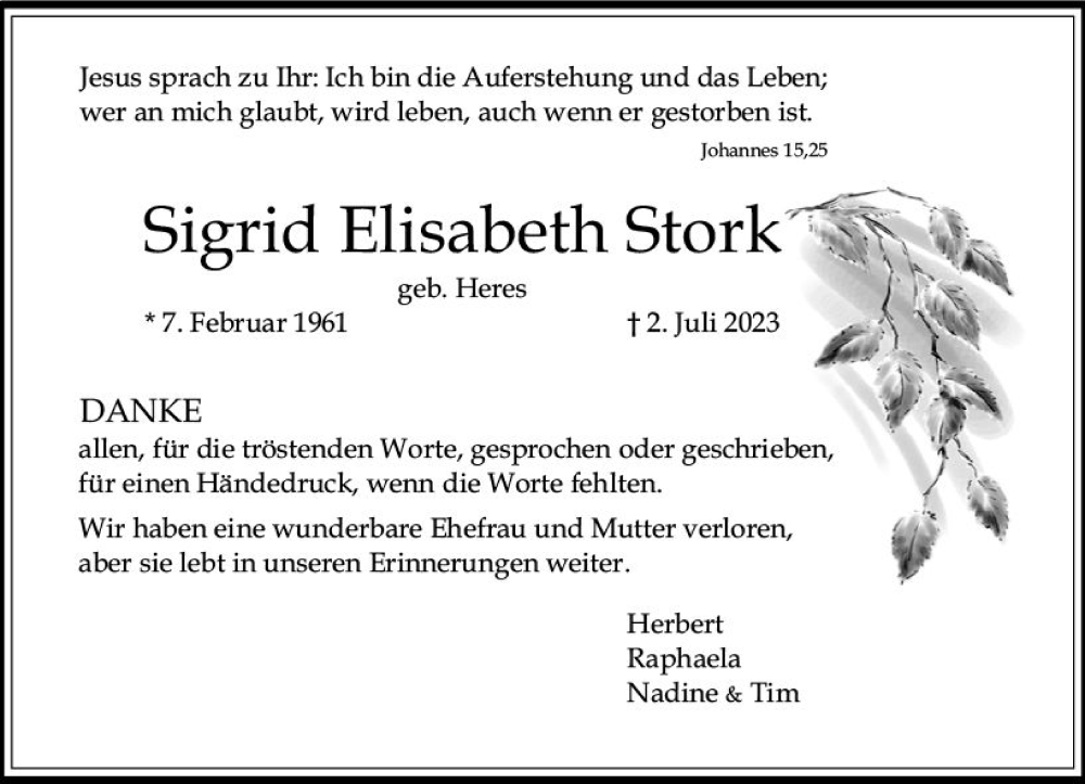  Traueranzeige für Sigrid Elisabeth Stork vom 22.07.2023 aus Allgemeine Zeitung Mainz