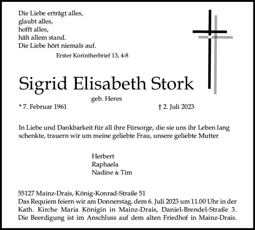  Traueranzeige für Sigrid Elisabeth Stork vom 05.07.2023 aus Allgemeine Zeitung Mainz
