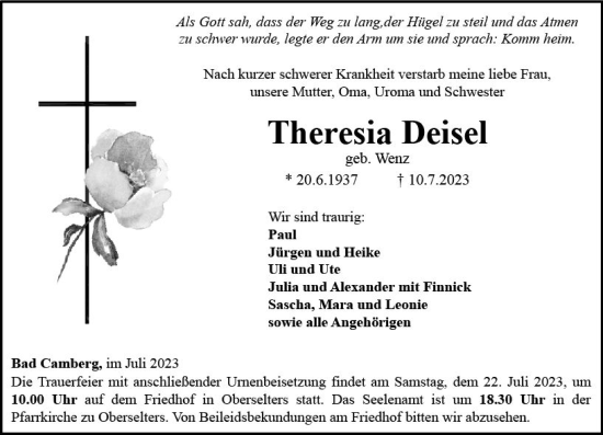 Traueranzeige von Theresia Deisel von Camberger Anzeiger