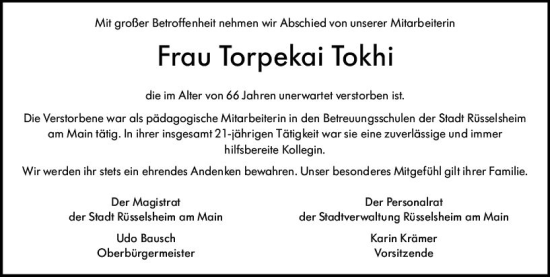 Traueranzeige von Torpekai Tokhi von Rüsselsheimer Echo