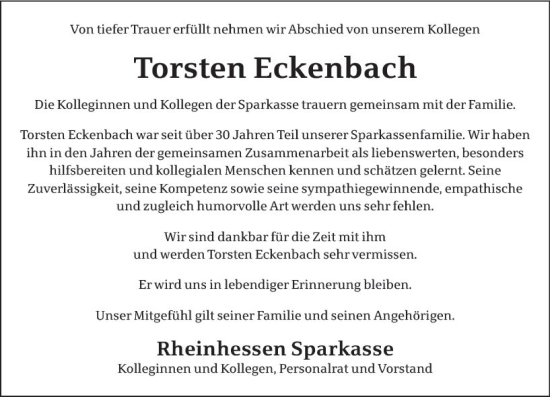 Traueranzeige von Torsten Eckenbach von Wormser Zeitung