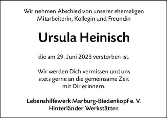Traueranzeige von Ursula Heinisch von Hinterländer Anzeiger