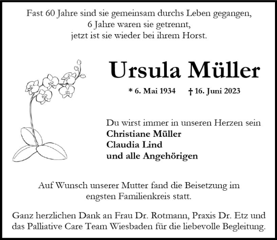 Traueranzeige von Ursula Müller von Wiesbadener Kurier
