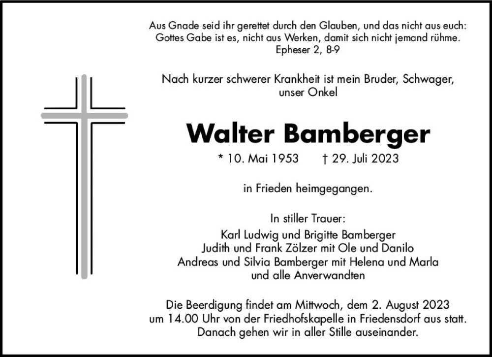  Traueranzeige für Walter Bamberger vom 31.07.2023 aus Hinterländer Anzeiger