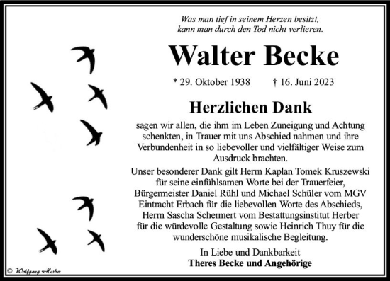Traueranzeige von Walter Becke von Camberger Anzeiger