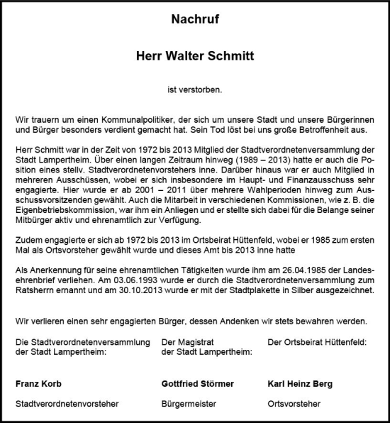 Traueranzeige von Walter Schmitt von Starkenburger Echo