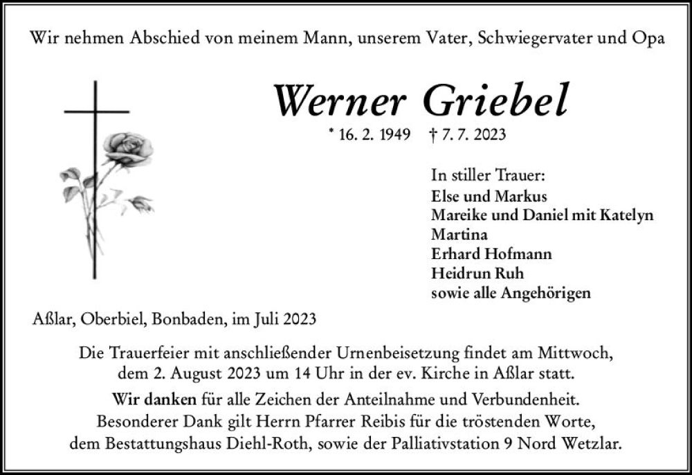  Traueranzeige für Werner Griebel vom 29.07.2023 aus Wetzlarer Neue Zeitung