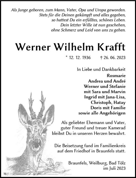 Traueranzeige von Werner Wilhelm Krafft von Weilburger Tageblatt
