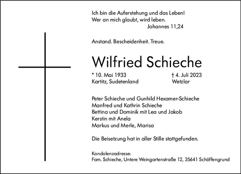  Traueranzeige für Wilfried Schieche vom 22.07.2023 aus Wetzlarer Neue Zeitung