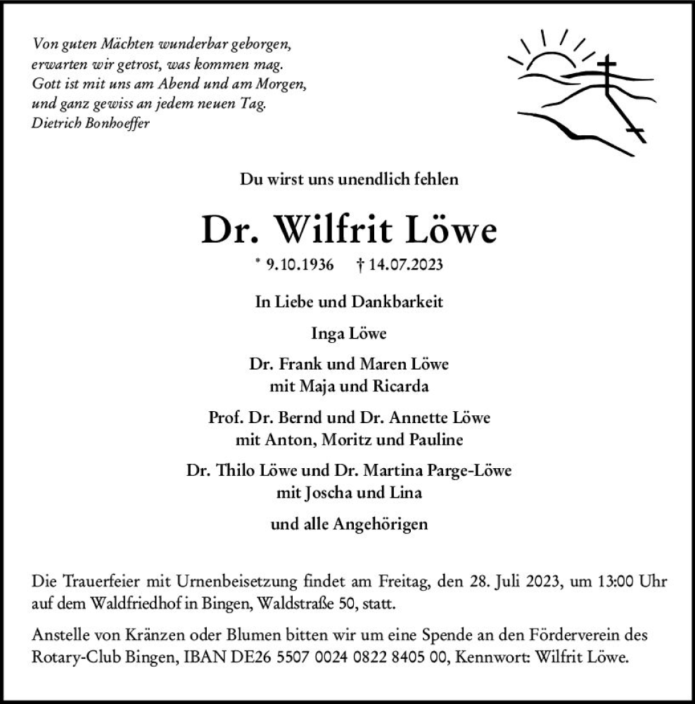  Traueranzeige für Wilfrit Löwe vom 22.07.2023 aus Allgemeine Zeitung Bingen/Ingelheim