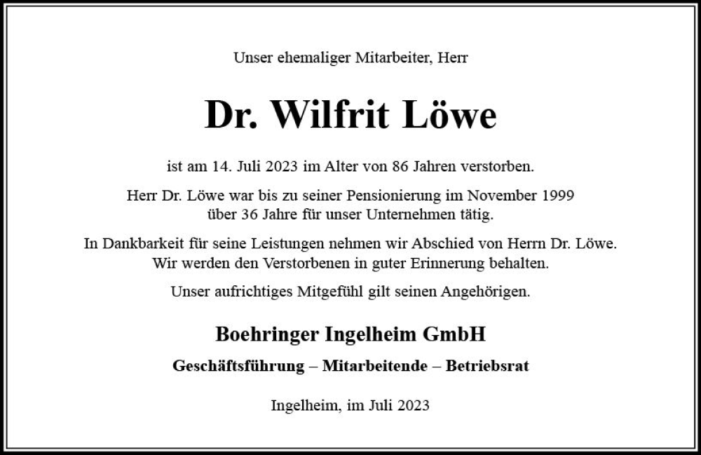  Traueranzeige für Wilfrit Löwe vom 29.07.2023 aus Allgemeine Zeitung Bingen/Ingelheim
