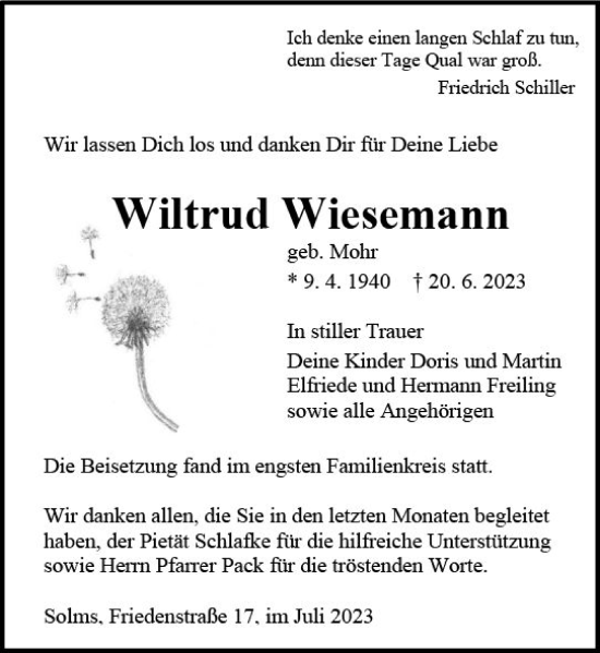 Traueranzeige von Wiltrud Wiesemann von Wetzlarer Neue Zeitung