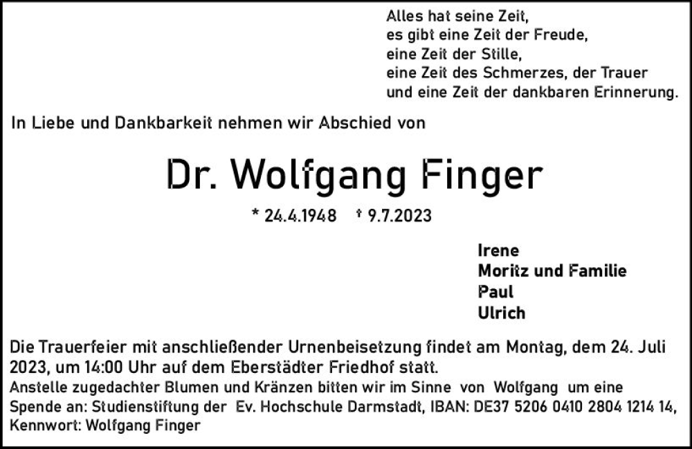  Traueranzeige für Wolfgang Finger vom 15.07.2023 aus Darmstädter Echo