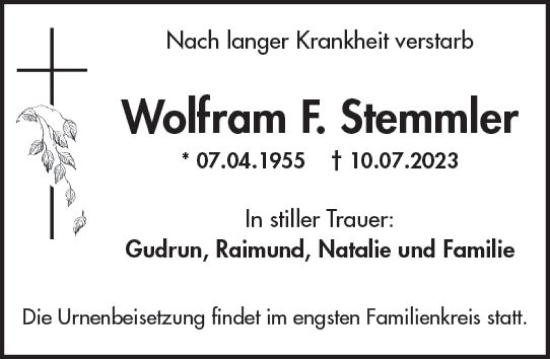 Traueranzeige von Wolfram  Stemmler von Wiesbadener Kurier