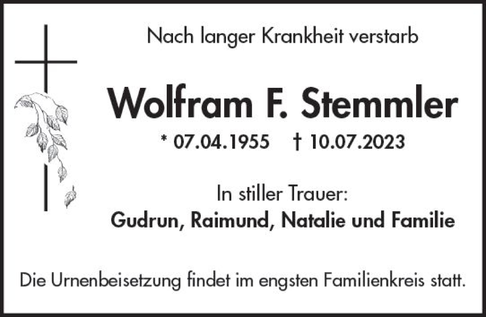 Traueranzeige für Wolfram  Stemmler vom 15.07.2023 aus Wiesbadener Kurier