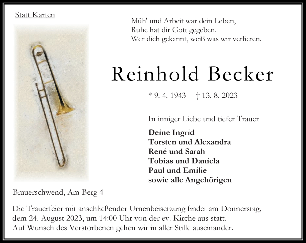  Traueranzeige für Reinhold Becker vom 19.08.2023 aus Redaktion VRM Trauer