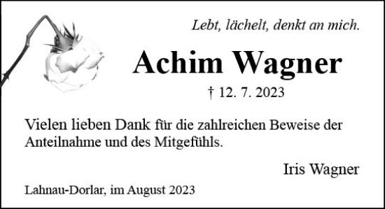 Traueranzeige von Achim Wagner von Wetzlarer Neue Zeitung