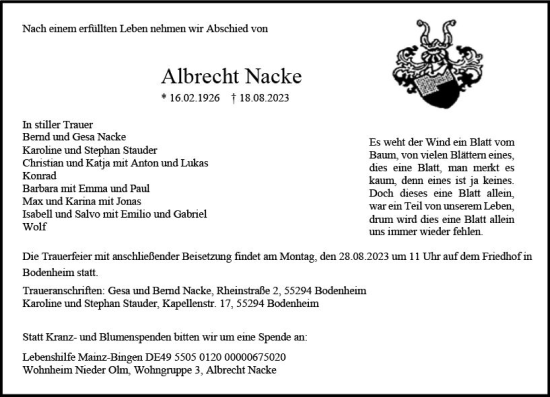 Traueranzeige von Albrecht Nacke von Allgemeine Zeitung Mainz