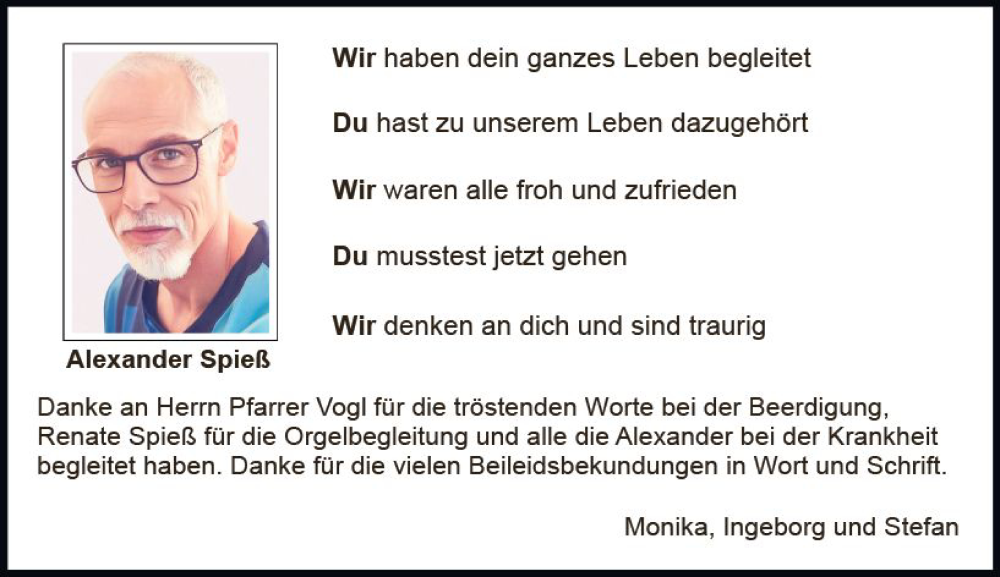  Traueranzeige für Alexander Spieß vom 12.08.2023 aus Dieburger Anzeiger/Groß-Zimmerner Lokal-Anzeiger