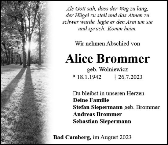 Traueranzeige von Alice Brommer von Camberger Anzeiger