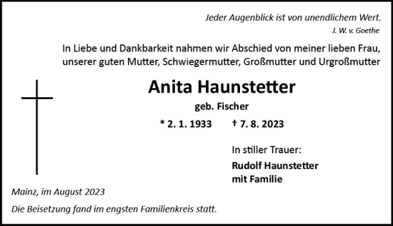 Traueranzeige von Anita Haunstetter von Allgemeine Zeitung Mainz