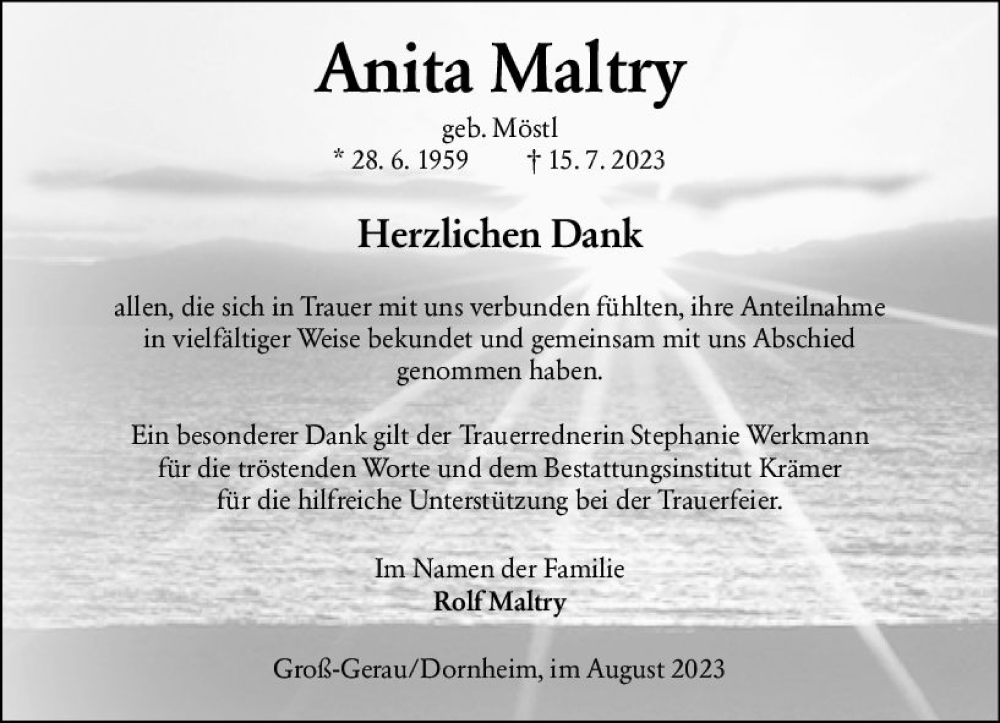  Traueranzeige für Anita Maltry vom 19.08.2023 aus Groß-Gerauer Echo