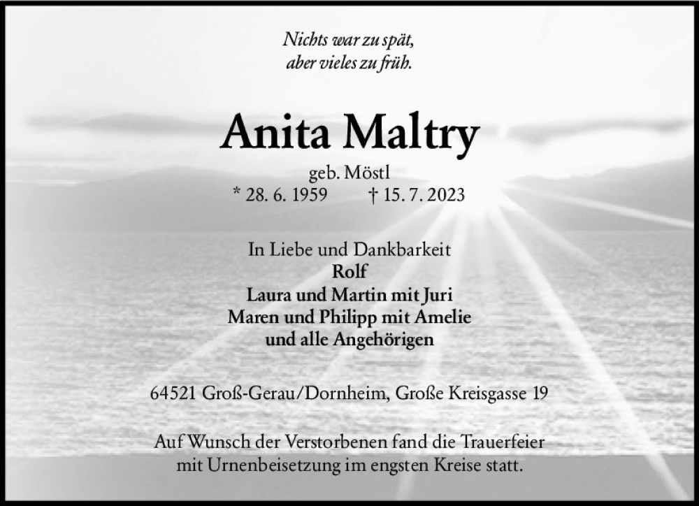  Traueranzeige für Anita Maltry vom 05.08.2023 aus Groß-Gerauer Echo