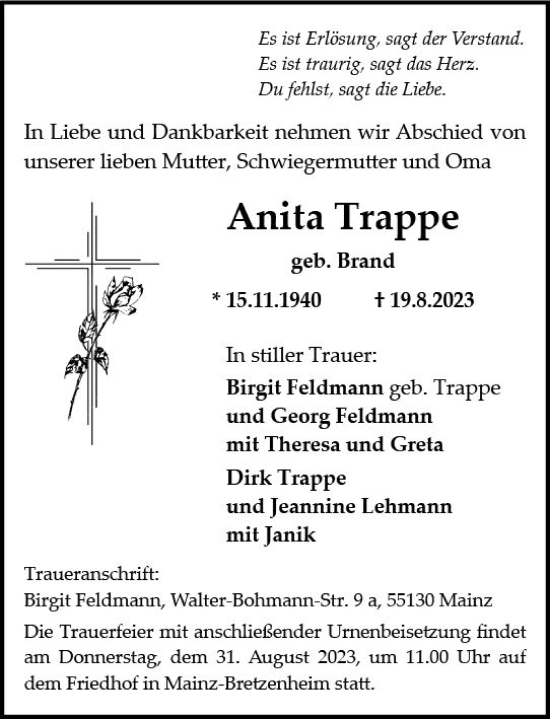 Traueranzeige von Anita Trappe von Allgemeine Zeitung Mainz