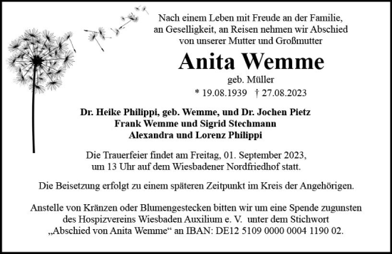 Traueranzeige von Anita Wemme von Wiesbadener Kurier