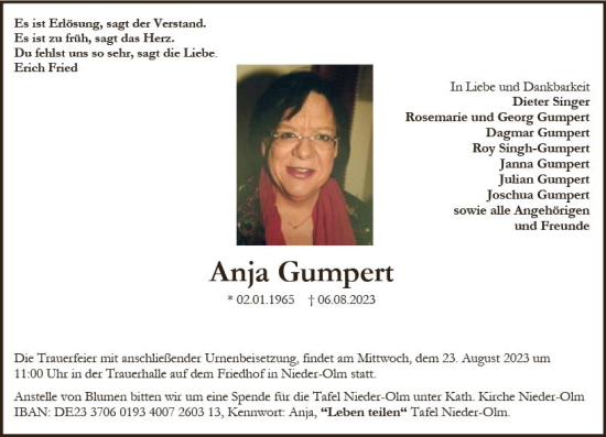 Traueranzeige von Anja Gumpert von Allgemeine Zeitung Mainz