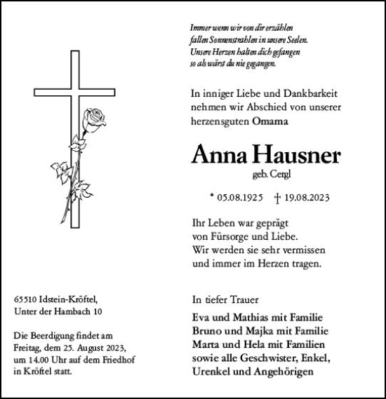 Traueranzeige von Anna Hausner von Idsteiner Land/Untertaunus