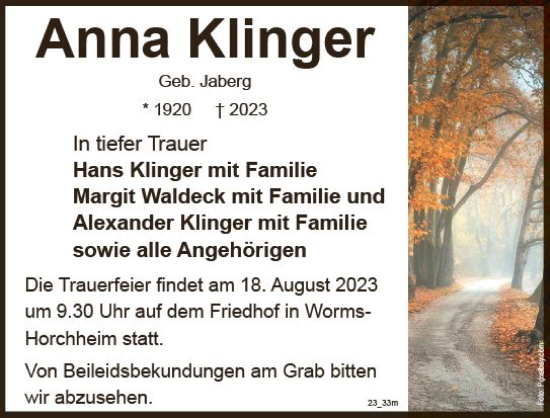 Traueranzeige von Anna Klinger von Wormser Zeitung