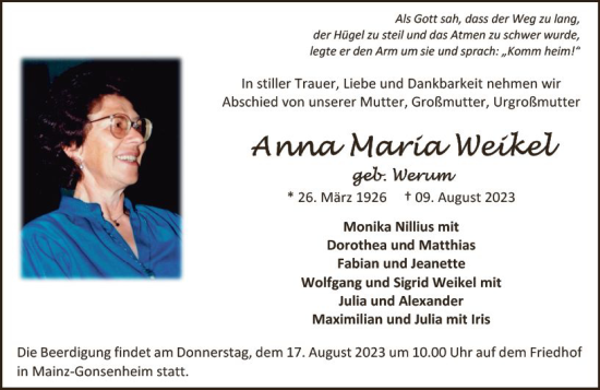 Traueranzeige von Anna Maria Weikel von Allgemeine Zeitung Mainz