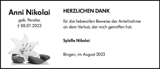 Traueranzeige von Anni Nikolai von Bingen/Ingelheim WOBL inkl. Neue Binger Ztg.