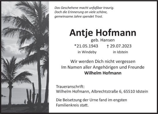 Traueranzeige von Antje Hofmann von Idsteiner Land/Untertaunus
