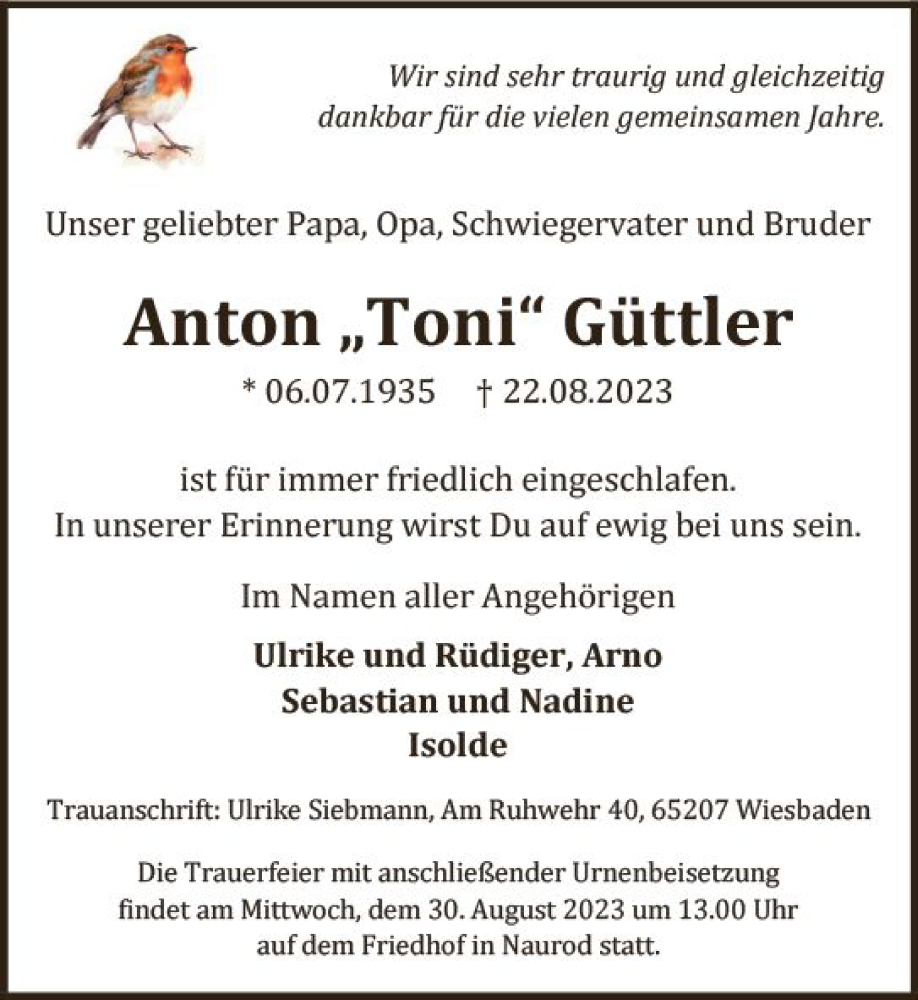  Traueranzeige für Anton Güttler vom 26.08.2023 aus Wiesbadener Kurier