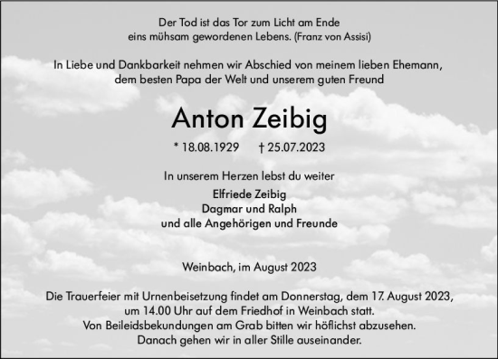 Traueranzeige von Anton Zeibig von Weilburger Tageblatt