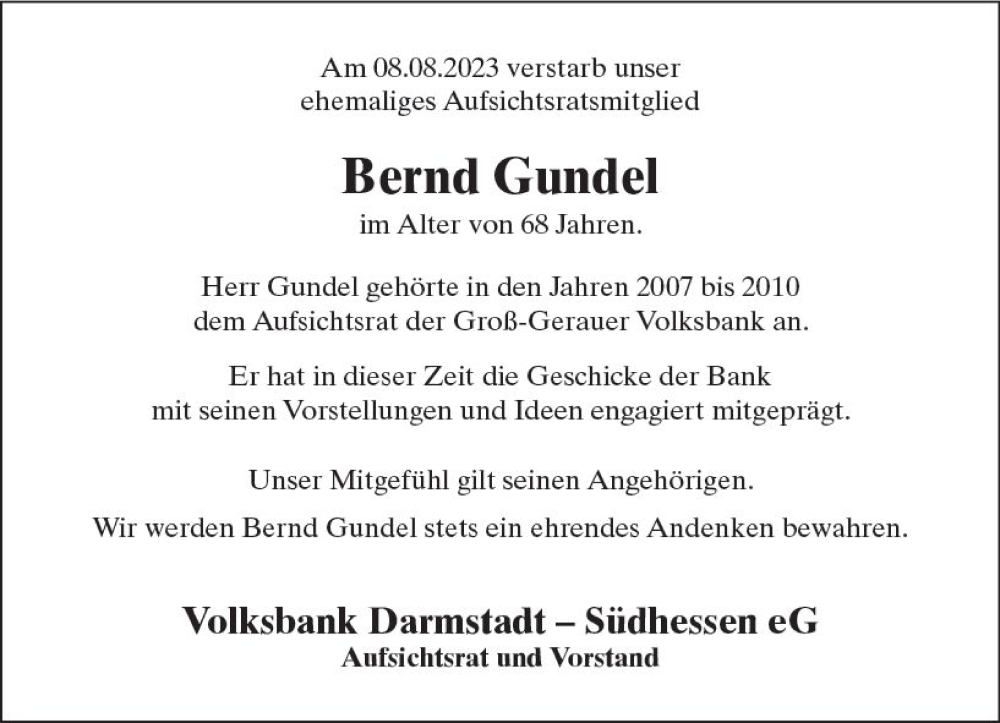  Traueranzeige für Bernd Gundel vom 15.08.2023 aus Groß-Gerauer Echo
