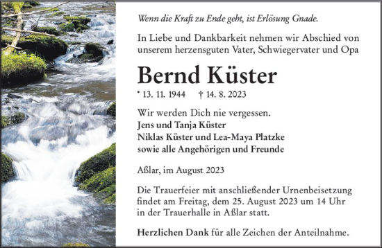 Traueranzeige von Bernd Küster von Wetzlarer Neue Zeitung