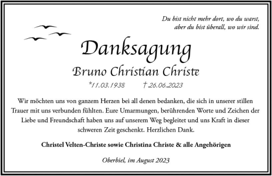 Traueranzeige von Bruno Christian Christe von Wetzlarer Neue Zeitung