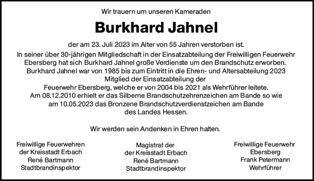  Traueranzeige für Burkhard Jahnel vom 02.08.2023 aus Odenwälder Echo