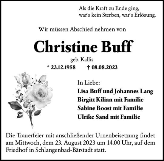 Traueranzeige von Christine Buff von Wiesbadener Kurier