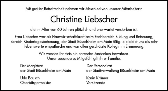 Traueranzeige von Christine Liebscher von Rüsselsheimer Echo