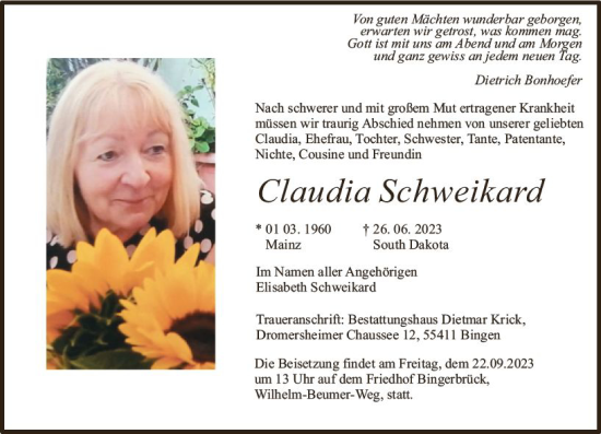 Traueranzeige von Claudia Schweikard von Bingen/Ingelheim WOBL inkl. Neue Binger Ztg.