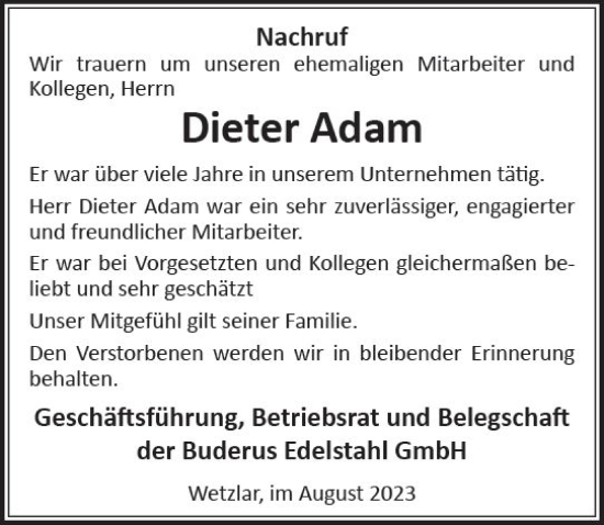 Traueranzeige von Dieter Adam von Wetzlarer Neue Zeitung