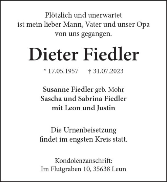 Traueranzeige von Dieter Fiedler von Wetzlarer Neue Zeitung